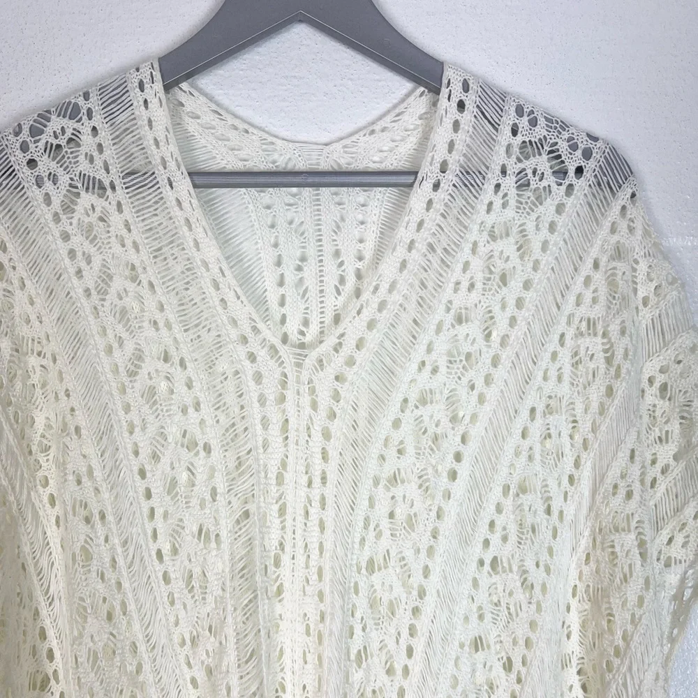 Crochet cotton cover up Ivory, one size lace up sides tassels‎ boho